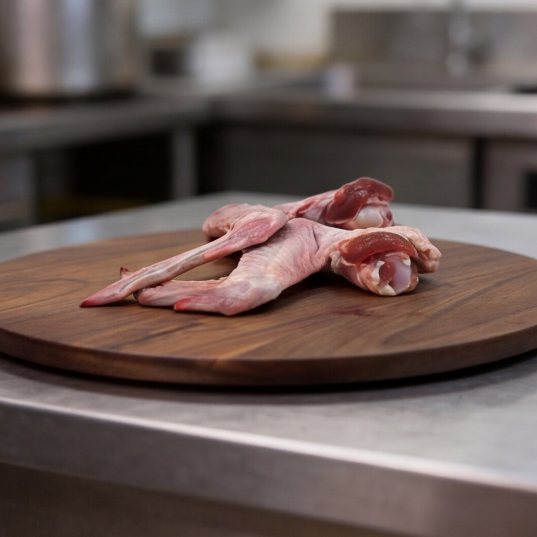 Raw  duck wings on a wooden cutting board in a kitchen setting