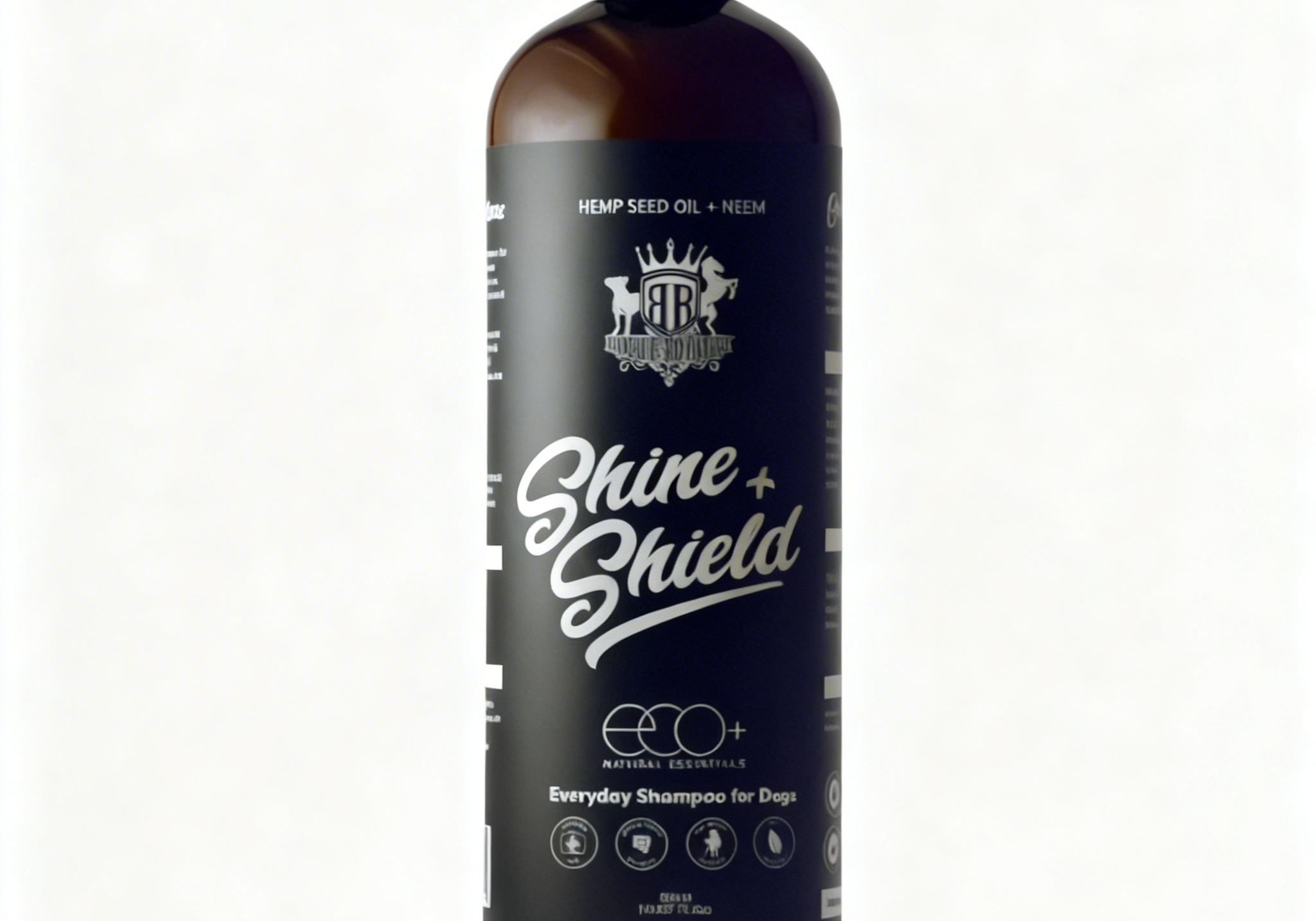 Bottle of 'Shine + Shield' shampoo for dogs on a white background