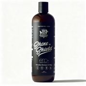 Bottle of 'Shine + Shield' shampoo for dogs on a white background