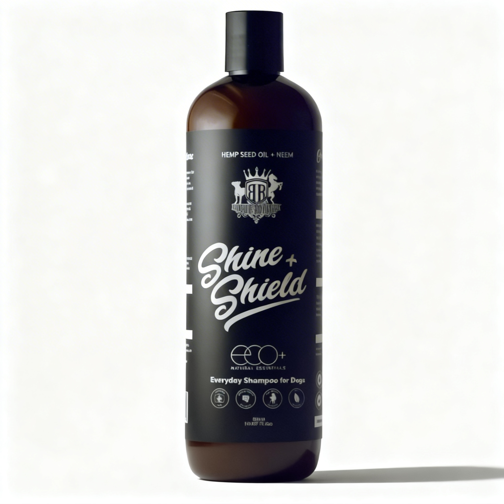 Bottle of 'Shine + Shield' shampoo for dogs on a white background