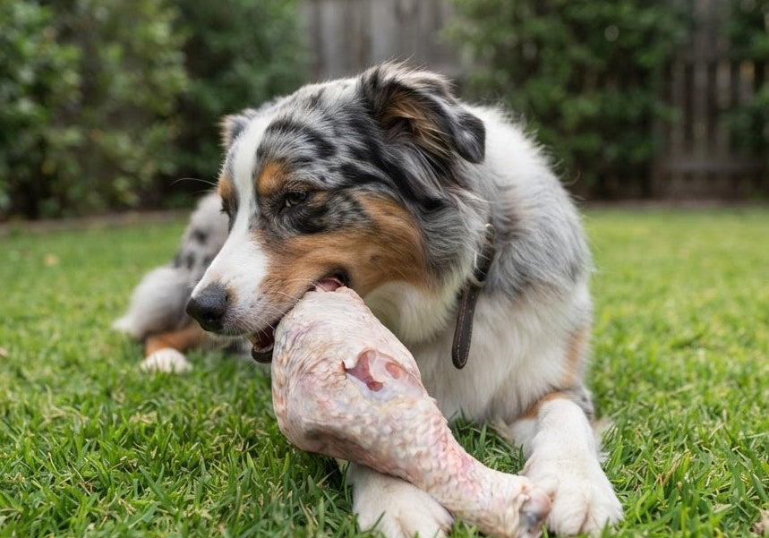 Australian shepherd dog eating raw organic turkey drum stick  on garden lawn.