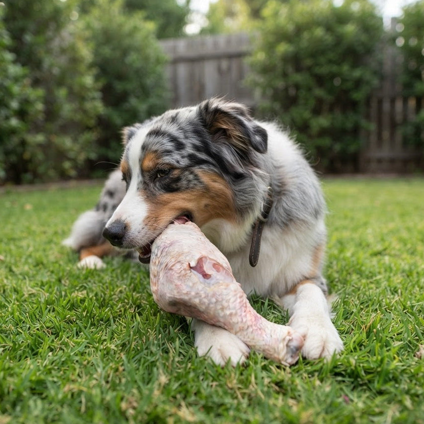 Australian shepherd dog eating raw organic turkey drum stick  on garden lawn.