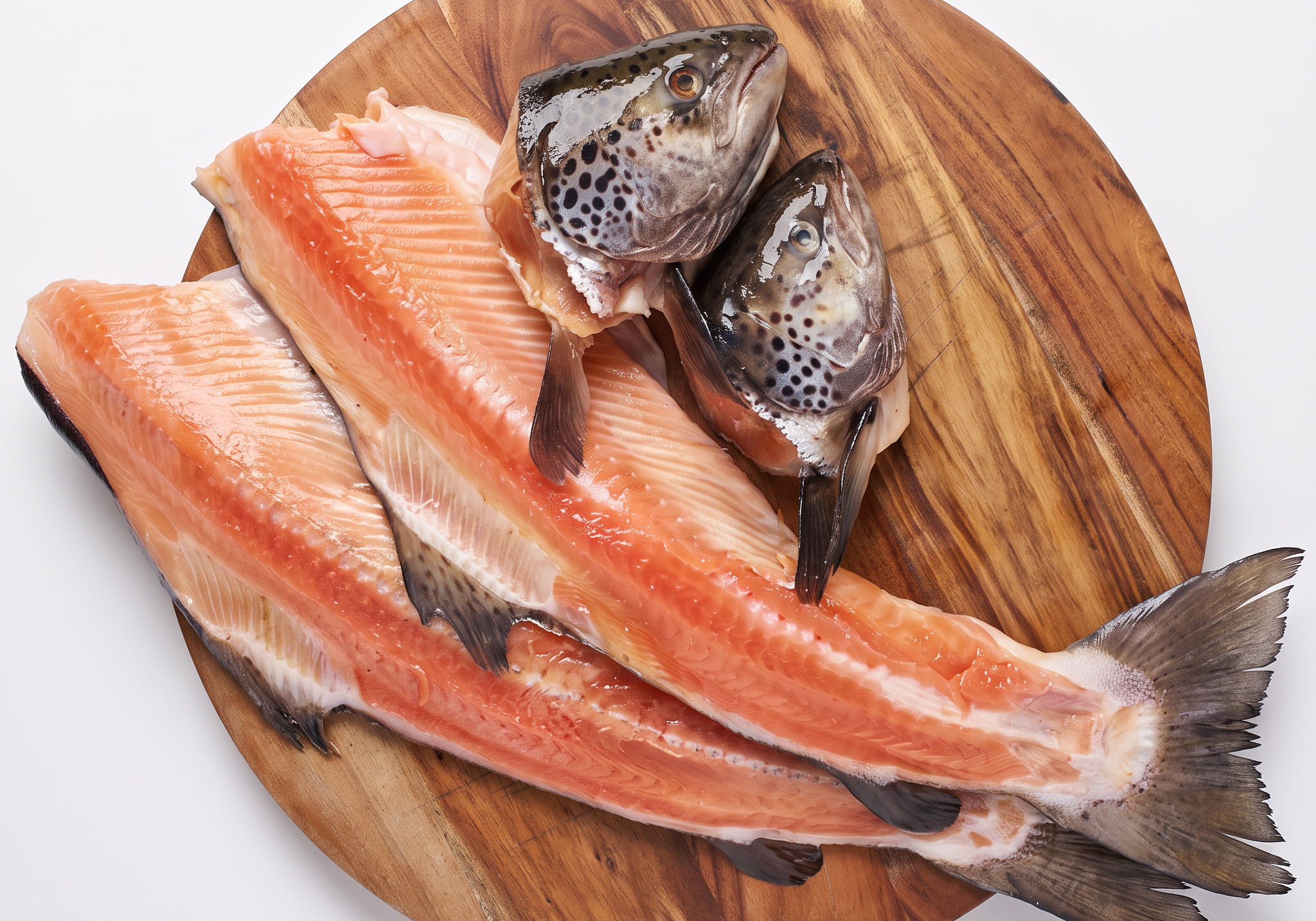 Two raw salmon frames with their heads intact, arranged on a round wooden cutting board ready for raw feeding dogs