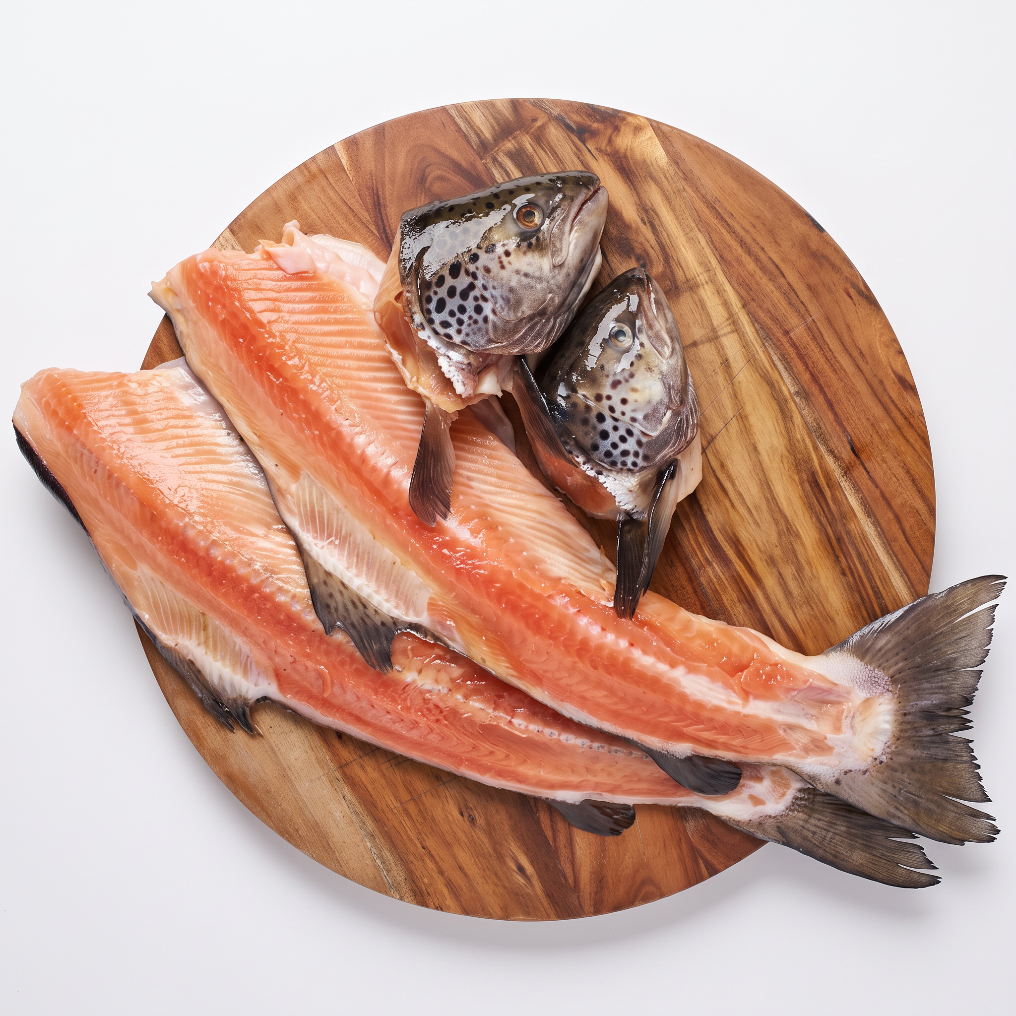 Two raw salmon frames with their heads intact, arranged on a round wooden cutting board ready for raw feeding dogs