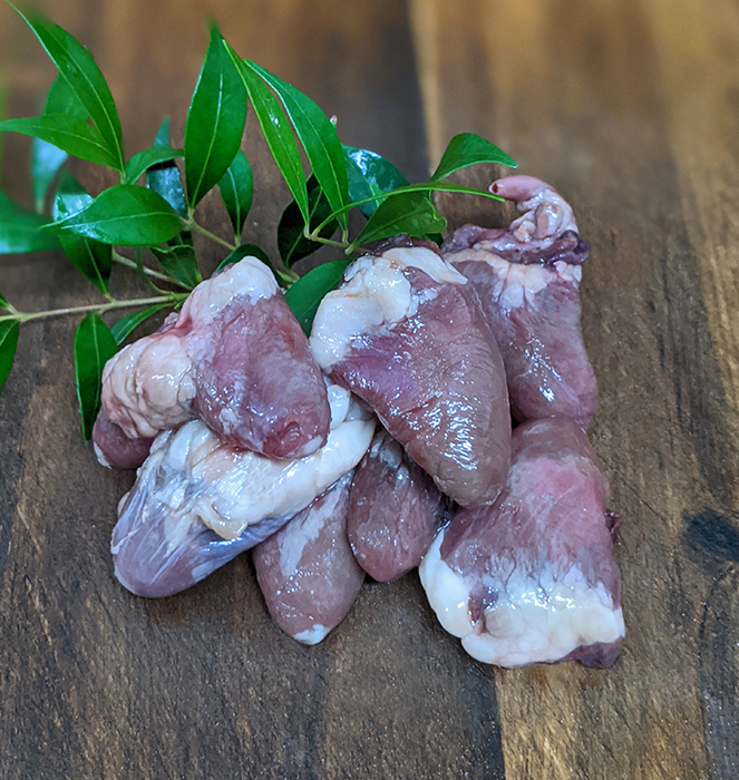 Front View of Organic chicken hearts 