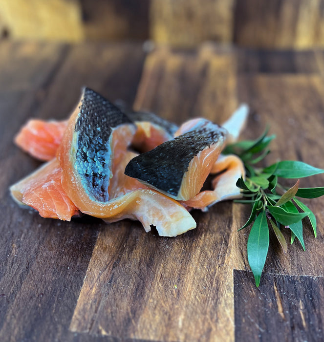 View of Salmon pieces for raw feeding diet for dogs, pups, kittens and cats.